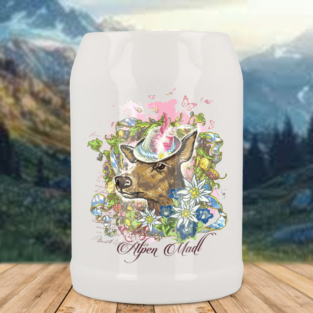 Bierkrug 0,5 in weiß mit Alpen Madl Druck